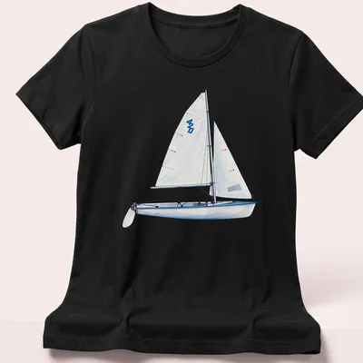 Watercolor print of a 420 racing dinghy with bold text '420' — printed on a women's shirt