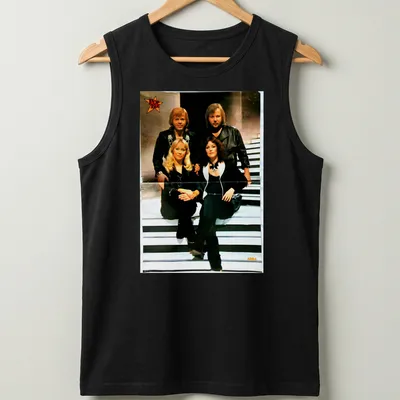 Retro ABBA t-shirt with bold lettering and classic colors — printed on a tank top