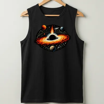 Vivid illustration of a black hole with an accretion disk in cosmic colors — printed on a tank top