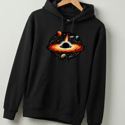 Vivid illustration of a black hole with an accretion disk in cosmic colors — printed on a unisex hoodie