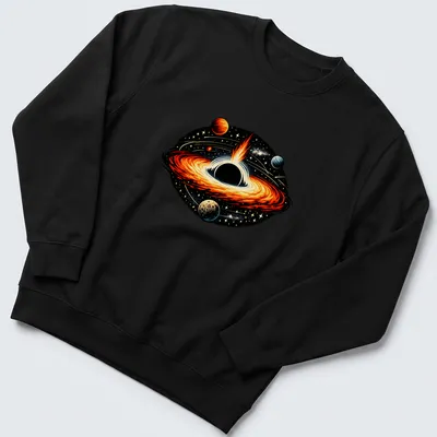 Vivid illustration of a black hole with an accretion disk in cosmic colors — printed on a unisex sweatshirt