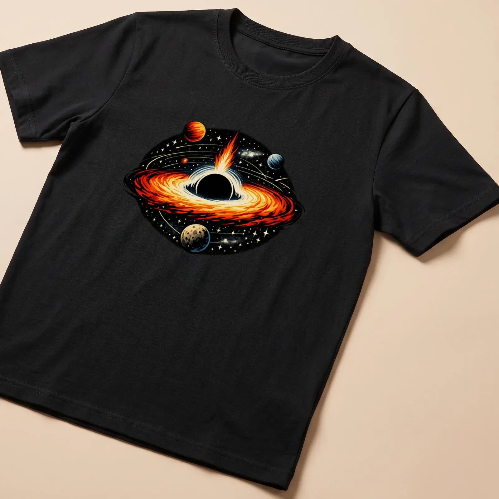 Vivid illustration of a black hole with an accretion disk in cosmic colors — printed on a unisex t-shirt