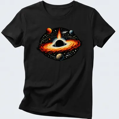 Vivid illustration of a black hole with an accretion disk in cosmic colors — printed on a women's shirt