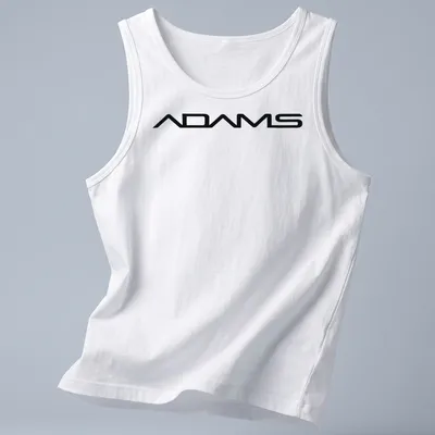 ADAMS logo in sleek vector style on a black background — printed on a tank top