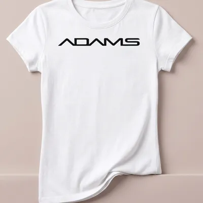 ADAMS logo in sleek vector style on a black background — printed on a women's shirt