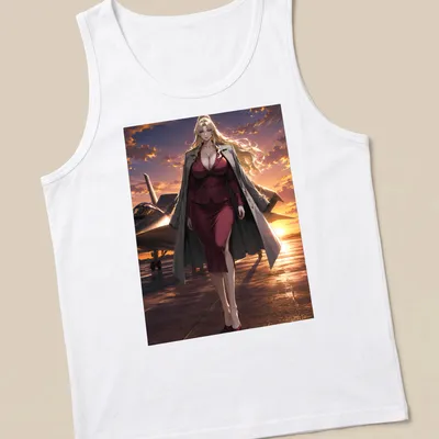 Anime-style Airfield Commander in a red dress at sunset with vibrant colors — printed on a tank top