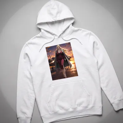 Anime-style Airfield Commander in a red dress at sunset with vibrant colors — printed on a unisex hoodie