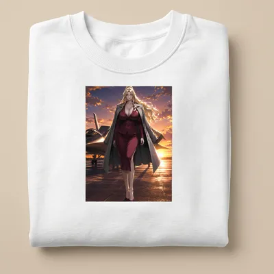 Anime-style Airfield Commander in a red dress at sunset with vibrant colors — printed on a unisex sweatshirt