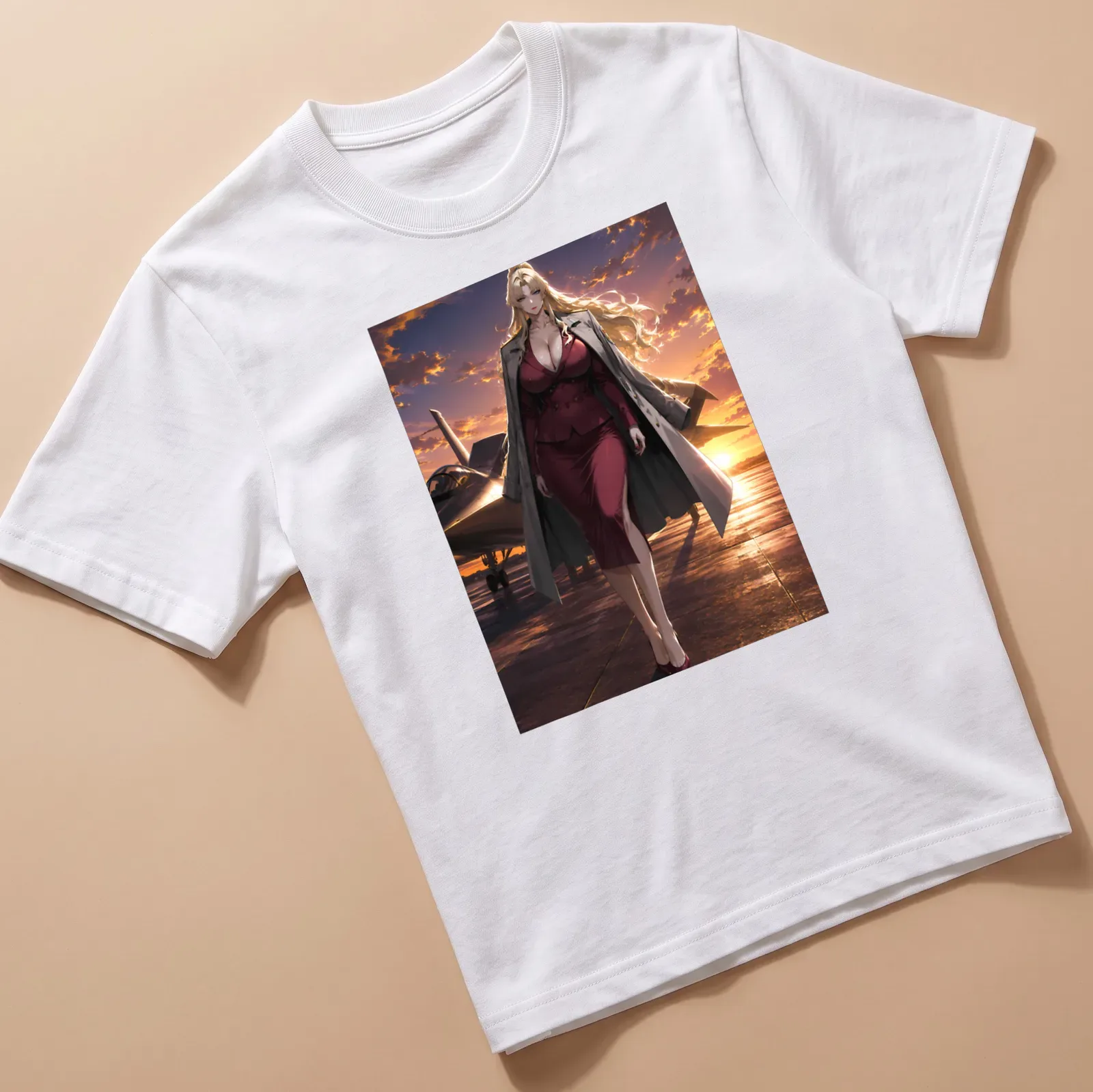 Anime-style Airfield Commander in a red dress at sunset with vibrant colors — printed on a unisex t-shirt