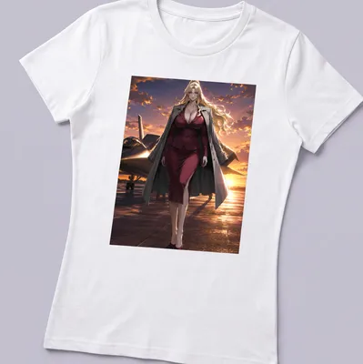 Anime-style Airfield Commander in a red dress at sunset with vibrant colors — printed on a women's shirt