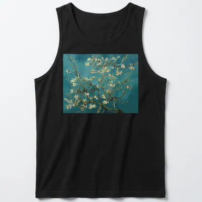 Impressionist print of almond blossoms in light green, white, pink, and turquoise — printed on a tank top