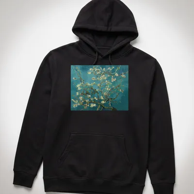 Impressionist print of almond blossoms in light green, white, pink, and turquoise — printed on a unisex hoodie