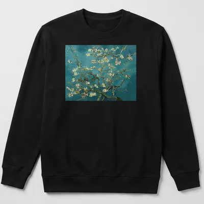 Impressionist print of almond blossoms in light green, white, pink, and turquoise — printed on a unisex sweatshirt