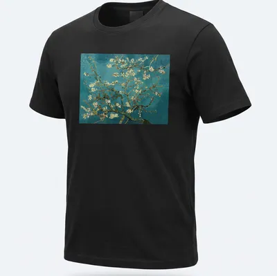 Impressionist print of almond blossoms in light green, white, pink, and turquoise