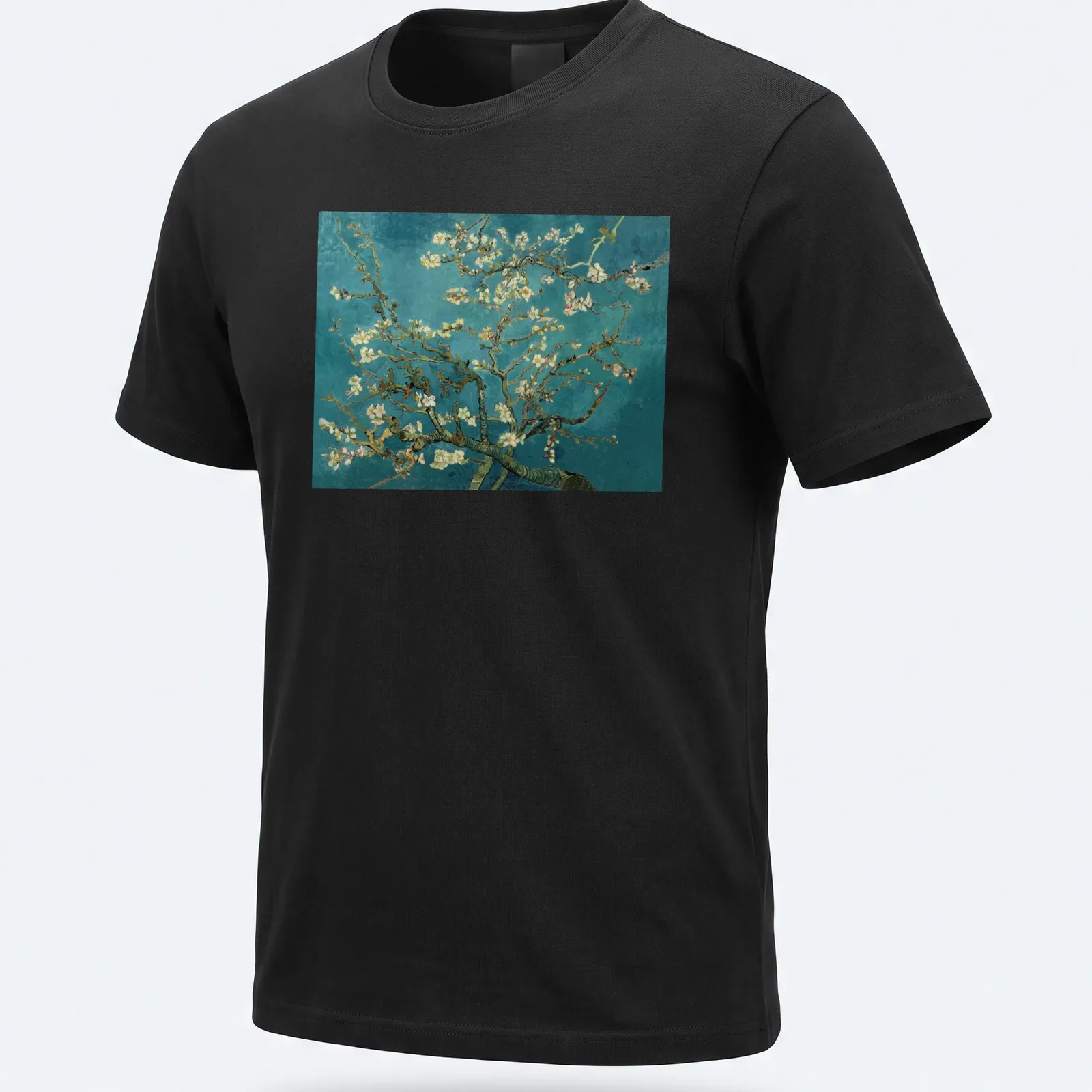 Impressionist print of almond blossoms in light green, white, pink, and turquoise — printed on a unisex t-shirt