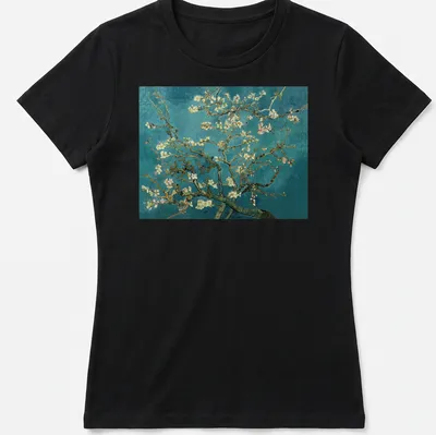 Impressionist print of almond blossoms in light green, white, pink, and turquoise — printed on a women's shirt