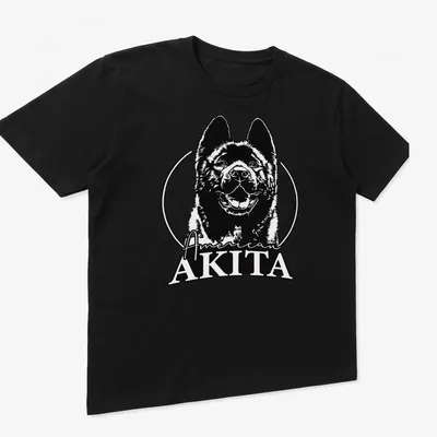 Bold line-art of an American Akita dog with text American AKITA — printed on a unisex t-shirt (angled view)