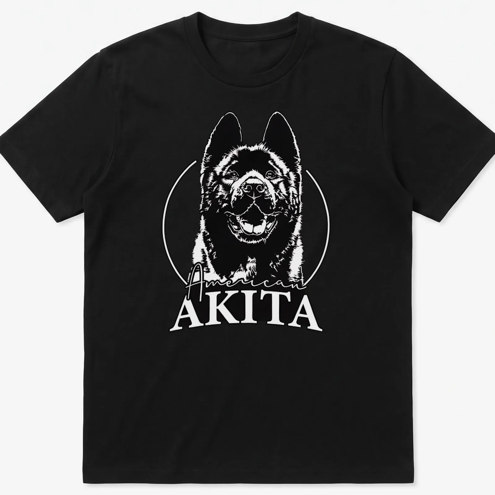 Bold line-art of an American Akita dog with text American AKITA — printed on a unisex t-shirt