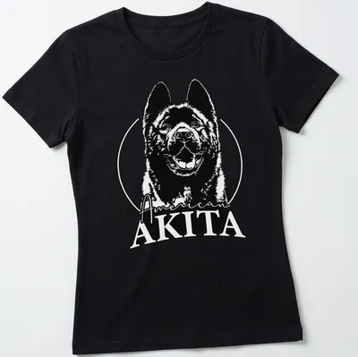 Bold line-art of an American Akita dog with text American AKITA — printed on a women's shirt