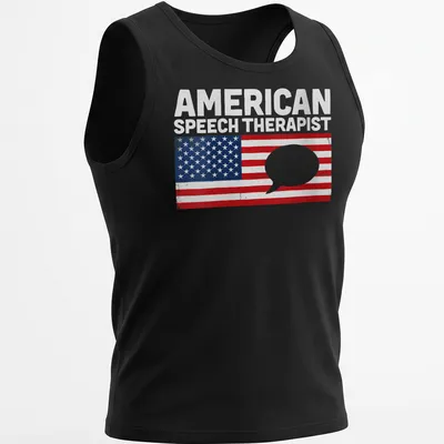 Vintage distressed t-shirt featuring American flag and speech bubble with text American Speech Therapist — printed on a tank top