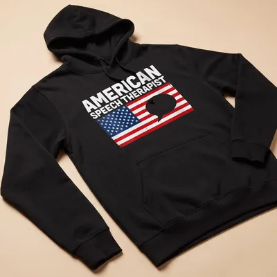Vintage distressed t-shirt featuring American flag and speech bubble with text American Speech Therapist — printed on a unisex hoodie
