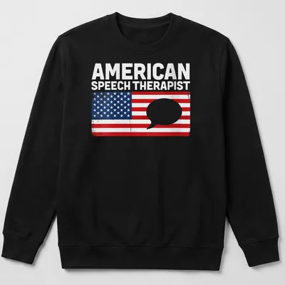 Vintage distressed t-shirt featuring American flag and speech bubble with text American Speech Therapist — printed on a unisex sweatshirt