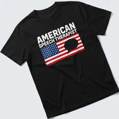 Vintage distressed t-shirt featuring American flag and speech bubble with text American Speech Therapist