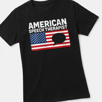Vintage distressed t-shirt featuring American flag and speech bubble with text American Speech Therapist — printed on a women's shirt