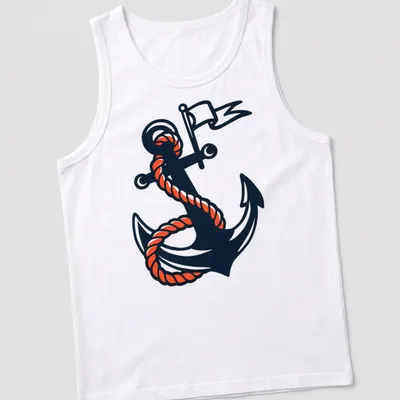 Traditional tattoo design of an anchor with rope in black, orange, and white — printed on a tank top
