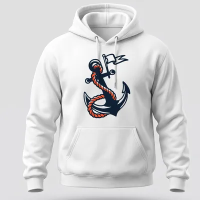 Traditional tattoo design of an anchor with rope in black, orange, and white — printed on a unisex hoodie