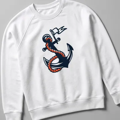 Traditional tattoo design of an anchor with rope in black, orange, and white — printed on a unisex sweatshirt
