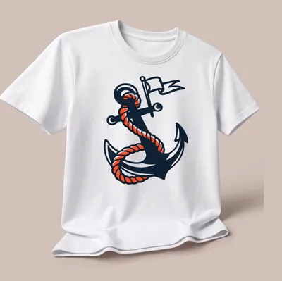 Traditional tattoo design of an anchor with rope in black, orange, and white — printed on a unisex t-shirt (angled view)
