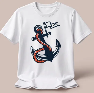 Traditional tattoo design of an anchor with rope in black, orange, and white