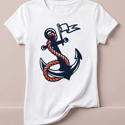 Traditional tattoo design of an anchor with rope in black, orange, and white — printed on a women's shirt