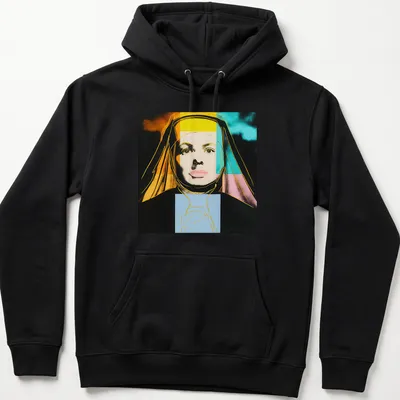 Pop Art Nun portrait t-shirt featuring Ingrid Bergman in vibrant colors — printed on a unisex hoodie