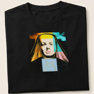 Pop Art Nun portrait t-shirt featuring Ingrid Bergman in vibrant colors — printed on a unisex t-shirt