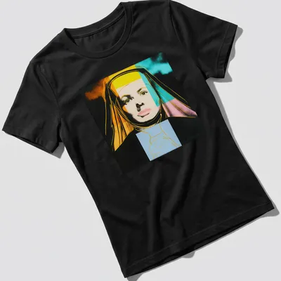 Pop Art Nun portrait t-shirt featuring Ingrid Bergman in vibrant colors — printed on a women's shirt