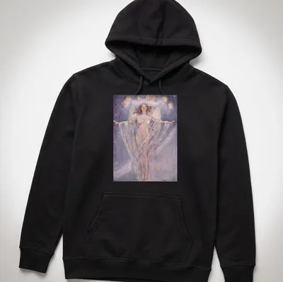 Whimsical watercolor t-shirt featuring an angelic figure and faces by Florence Anderson — printed on a unisex hoodie