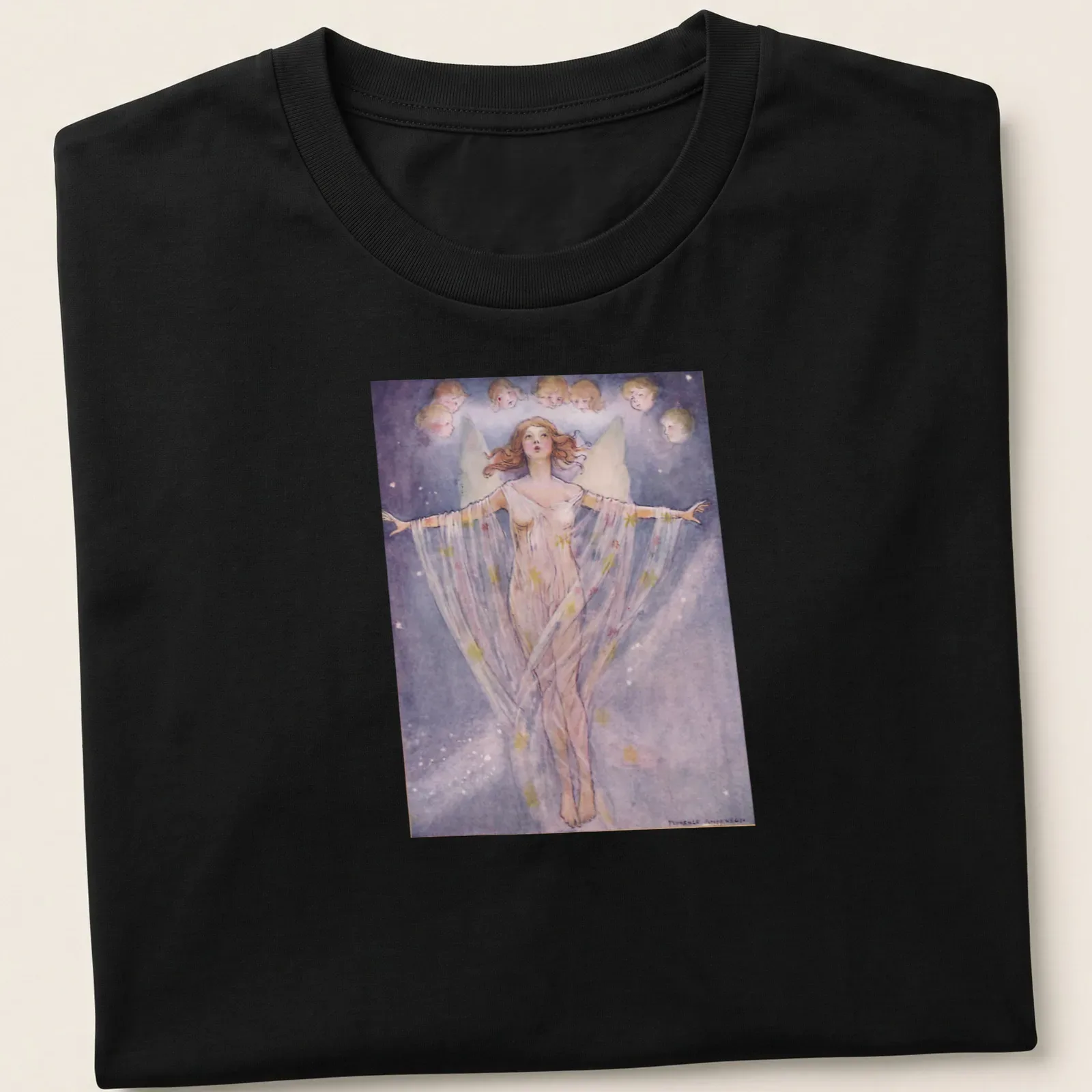 Whimsical watercolor t-shirt featuring an angelic figure and faces by Florence Anderson — printed on a unisex t-shirt