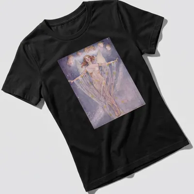 Whimsical watercolor t-shirt featuring an angelic figure and faces by Florence Anderson — printed on a women's shirt