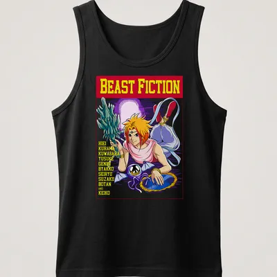Colorful cartoon t-shirt featuring anime characters Hiei, Kuwabara, Yusuke and others. — printed on a tank top