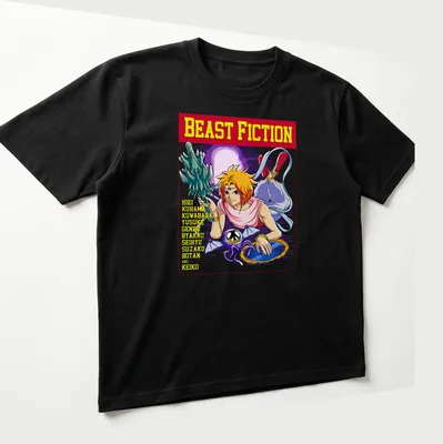 Colorful cartoon t-shirt featuring anime characters Hiei, Kuwabara, Yusuke and others. — printed on a unisex t-shirt (angled view)