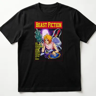 Colorful cartoon t-shirt featuring anime characters Hiei, Kuwabara, Yusuke and others.