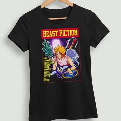 Colorful cartoon t-shirt featuring anime characters Hiei, Kuwabara, Yusuke and others. — printed on a women's shirt
