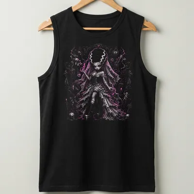 Anime Girl as Bride of Frankenstein, gothic fantasy style in pink and black — printed on a tank top