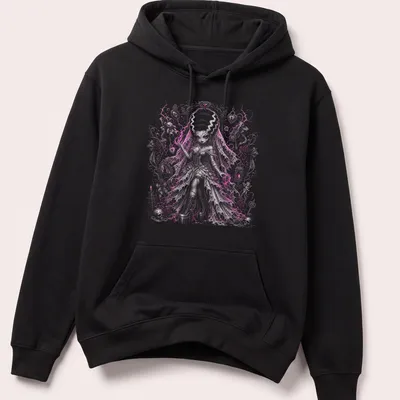 Anime Girl as Bride of Frankenstein, gothic fantasy style in pink and black — printed on a unisex hoodie