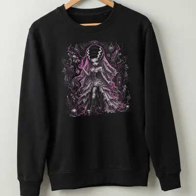 Anime Girl as Bride of Frankenstein, gothic fantasy style in pink and black — printed on a unisex sweatshirt