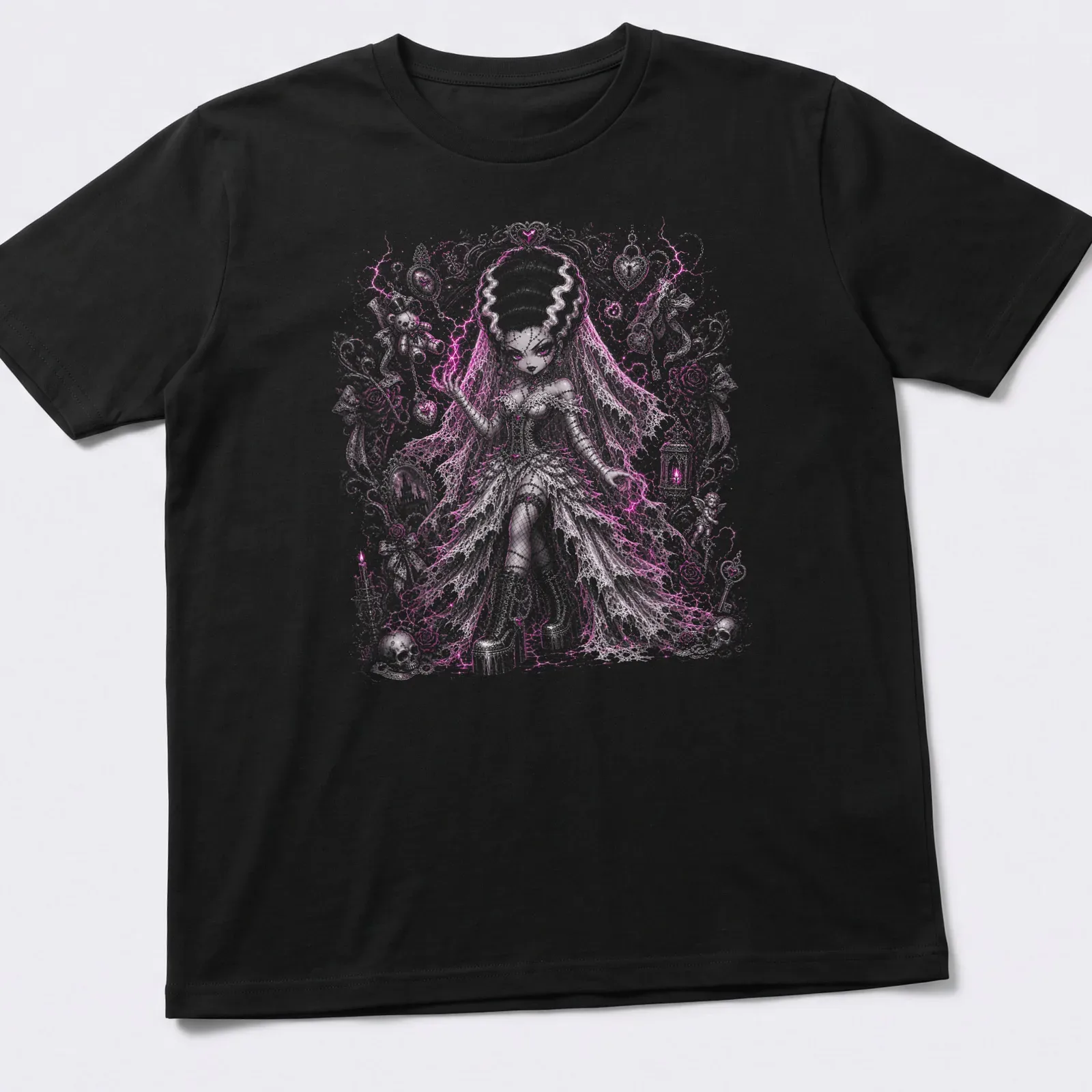 Anime Girl as Bride of Frankenstein, gothic fantasy style in pink and black — printed on a unisex t-shirt