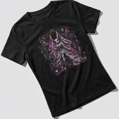 Anime Girl as Bride of Frankenstein, gothic fantasy style in pink and black — printed on a women's shirt