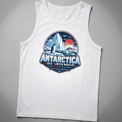 Vintage retro design featuring a penguin with humorous text about nightlife in Antarctica — printed on a tank top